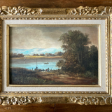 Painting - Animated riverside scene - golden frame