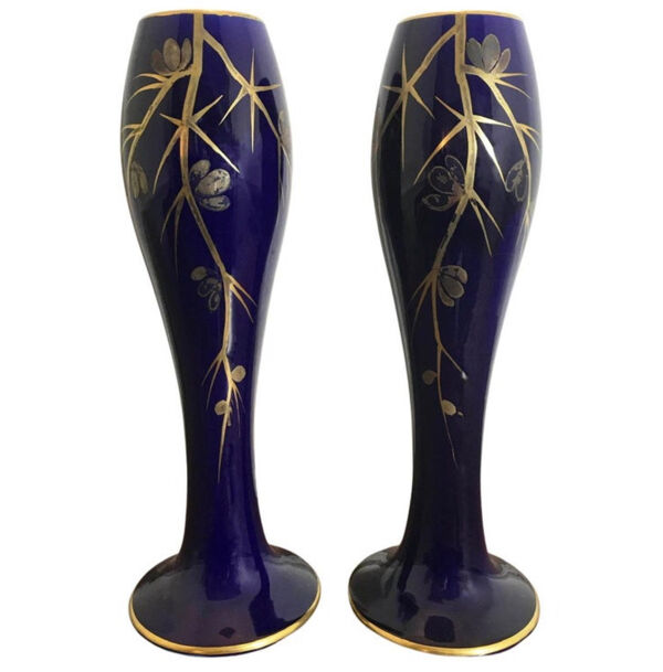 Lot de deux vases en porcelaine bleu et or Art Déco 1920 Maurice Pinon Heuze