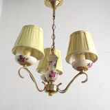 french vintage 3 light porcelain with rose decoration & gold metal chandelier cream shades