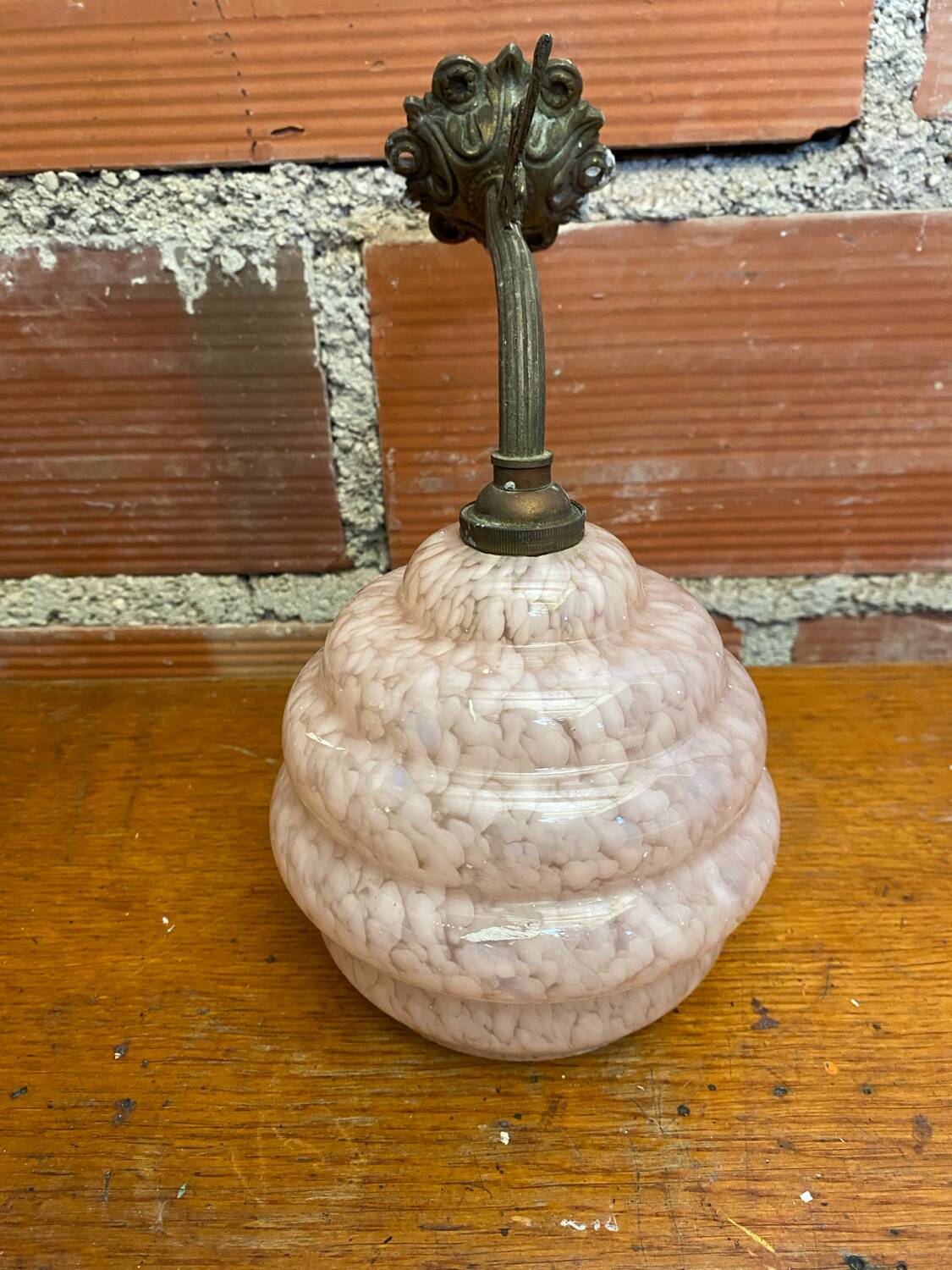 Antique Art Nouveau Gilt Bronze Wall Lamp + Vintage Pink Glass Ball