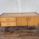 Enfilade vintage hifi tv cabinet in light wood compass feet 1950