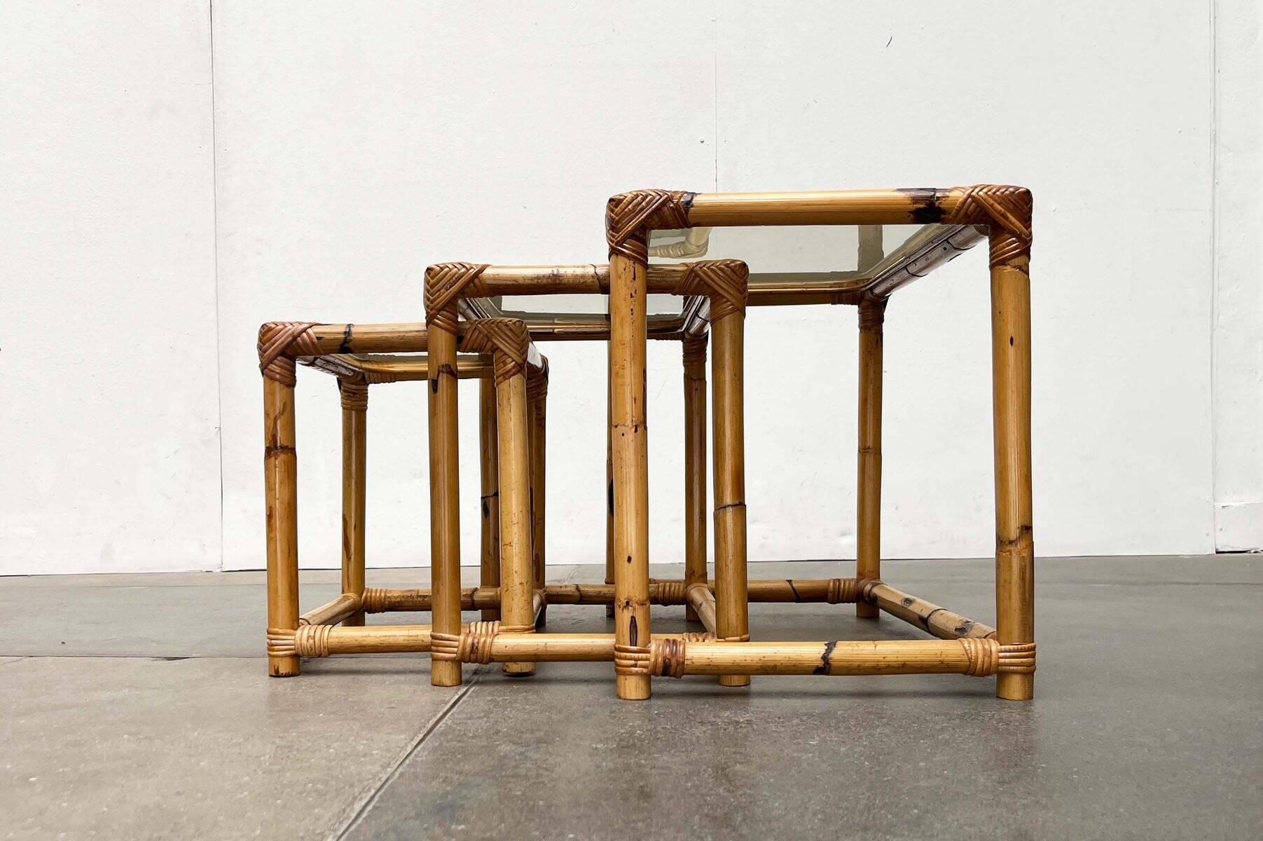 Nest of bamboo and glass tables in mid-century style, 1960s, set of 3.