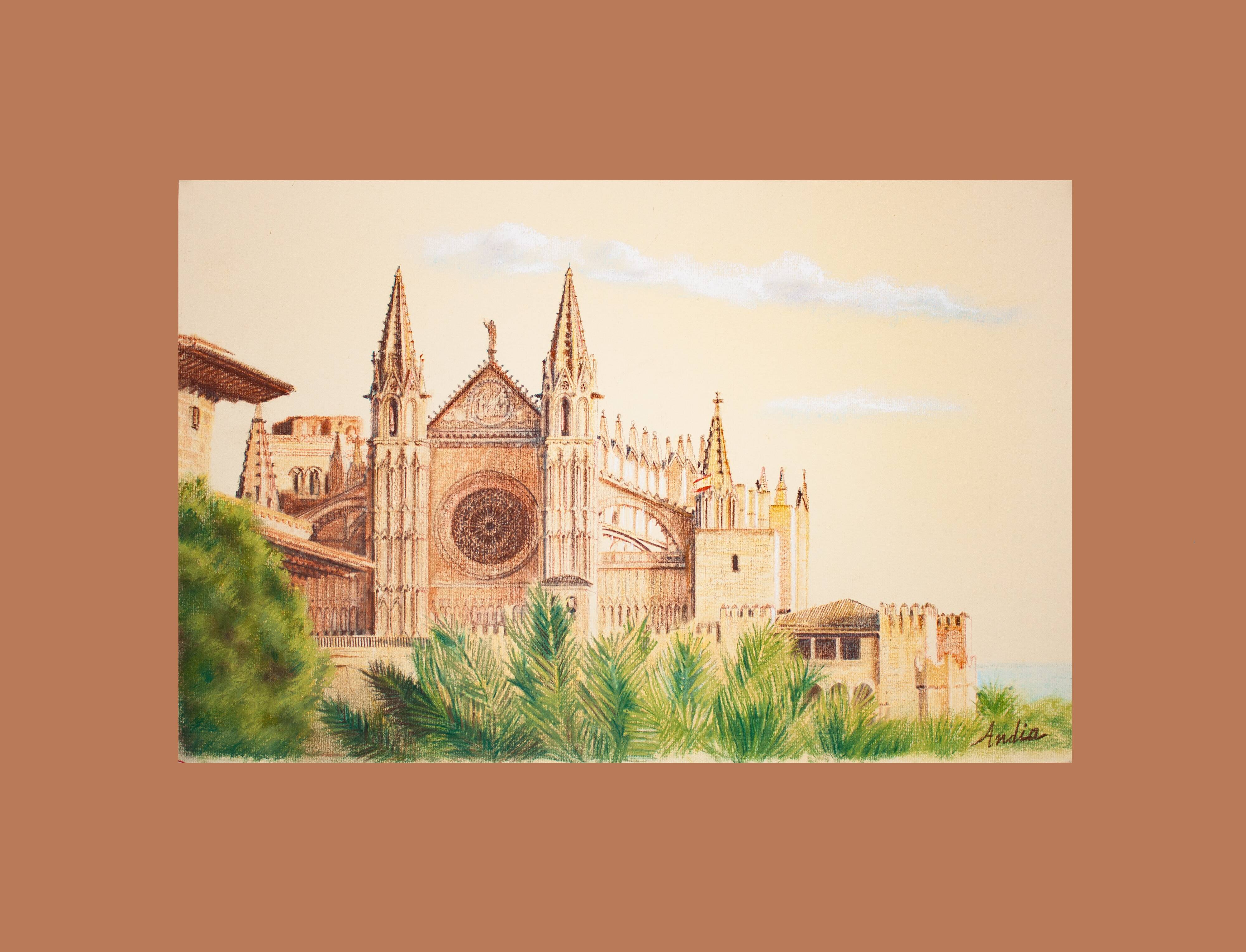 Dibujo de la catedral de mallorca. cuadro de mallorca. pintura mallorca. mallorca pintura.