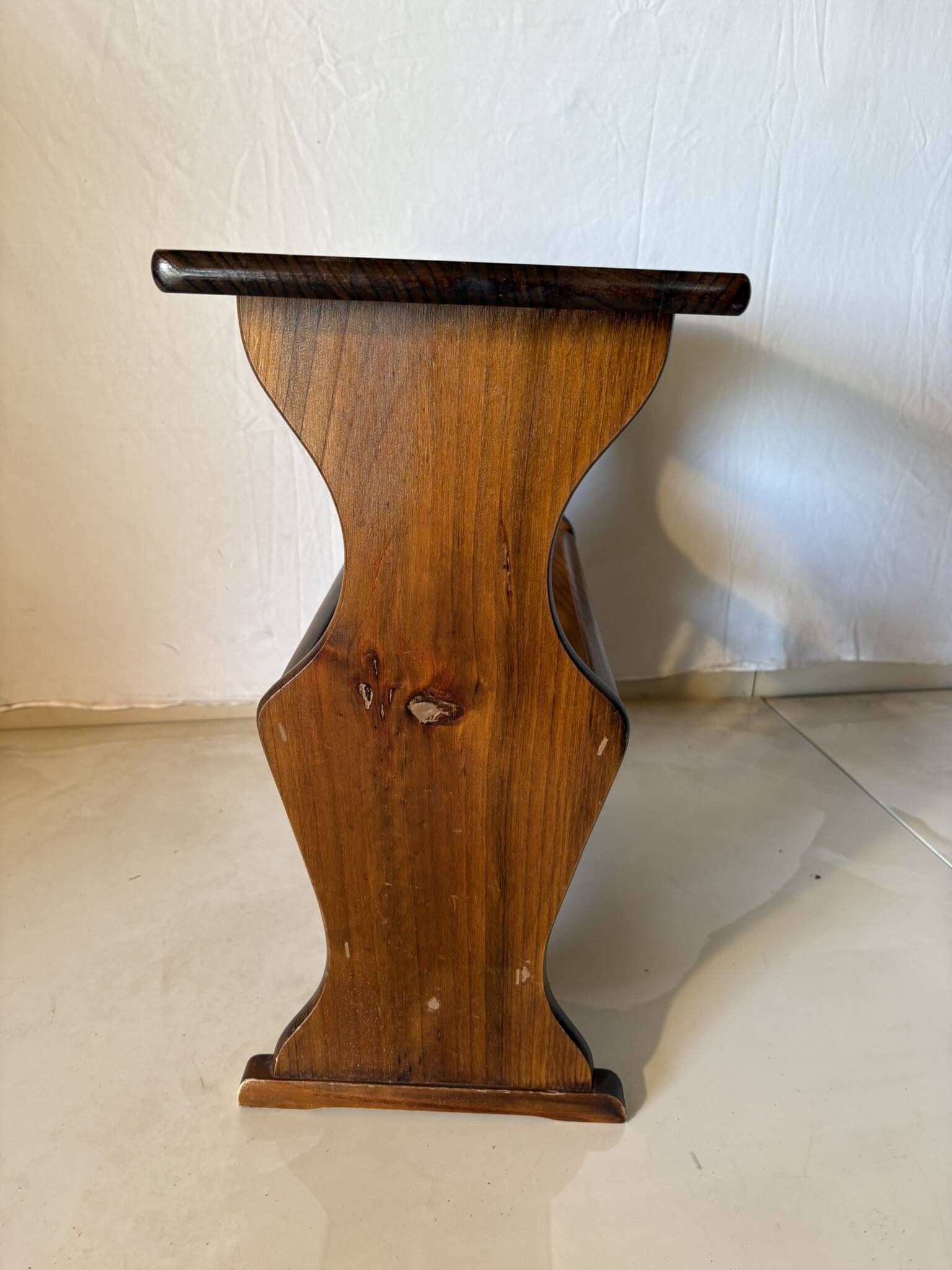 Side table, vintage turned wood magazine rack