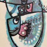 Signed Lars Nyman textile art wall hanging with fish, Mid Century wall decoration