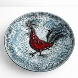 Large hollow ceramic dish signed Oliva – relief rooster decoration –