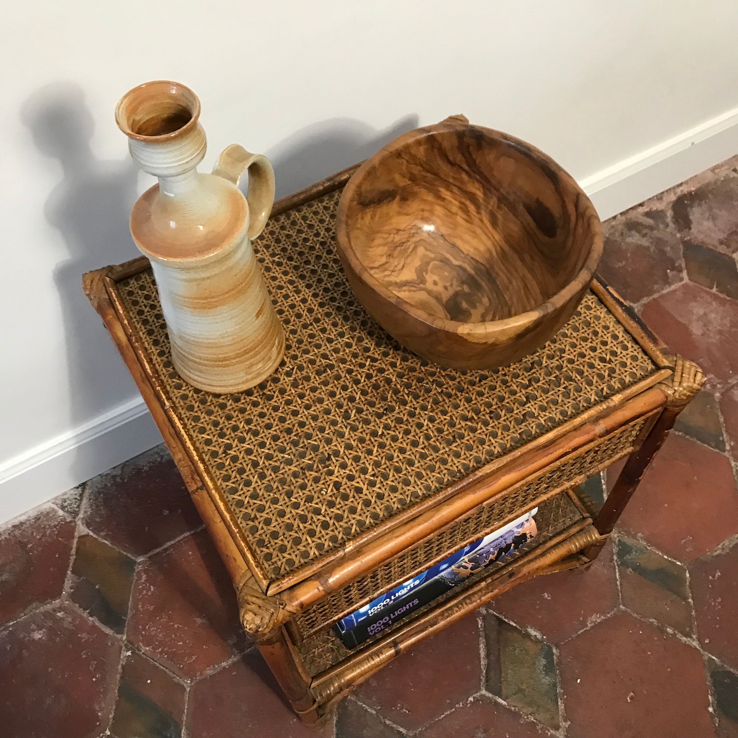 Vintage bedside table 1970 wicker and canning