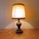 turned wooden table lamp, vintage leather shade
