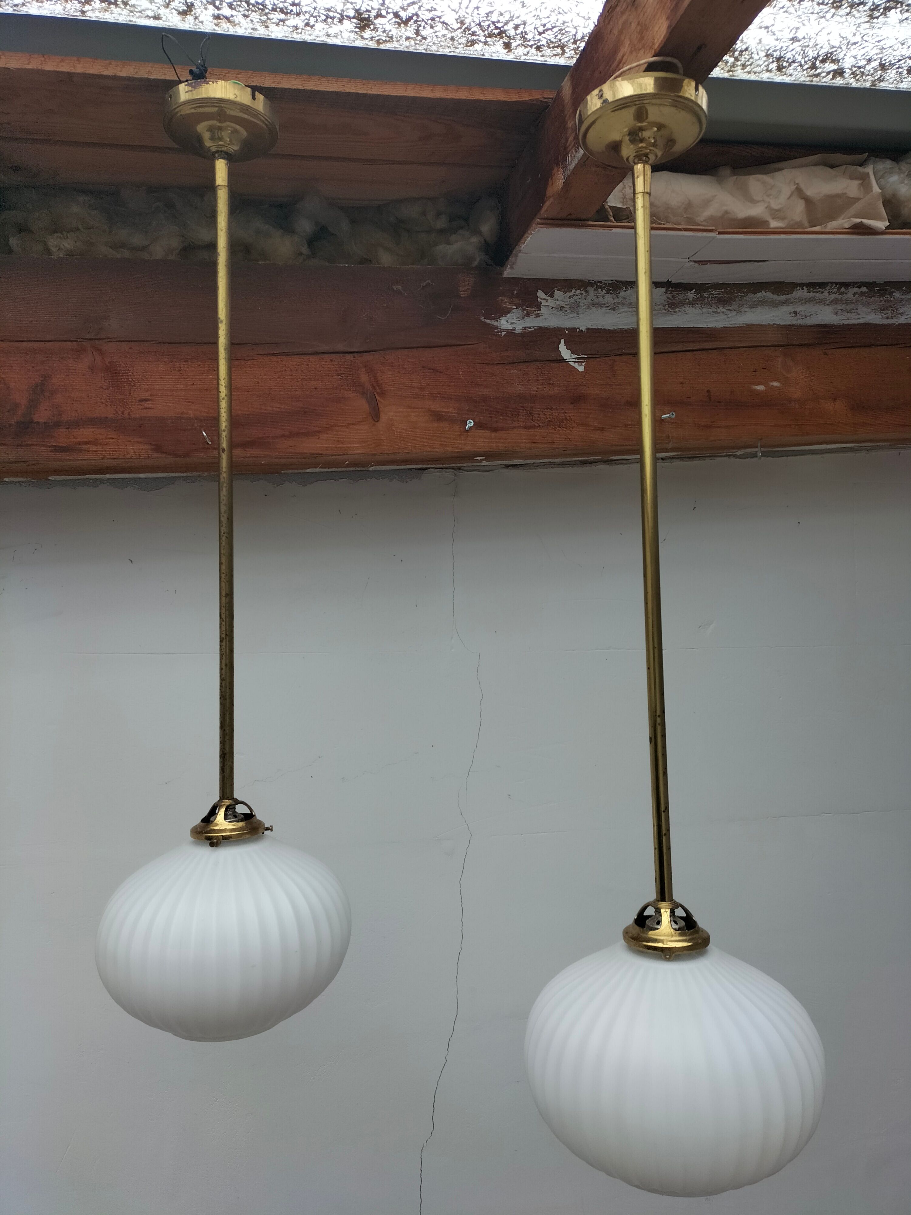 Pair brass and glass chandeliers