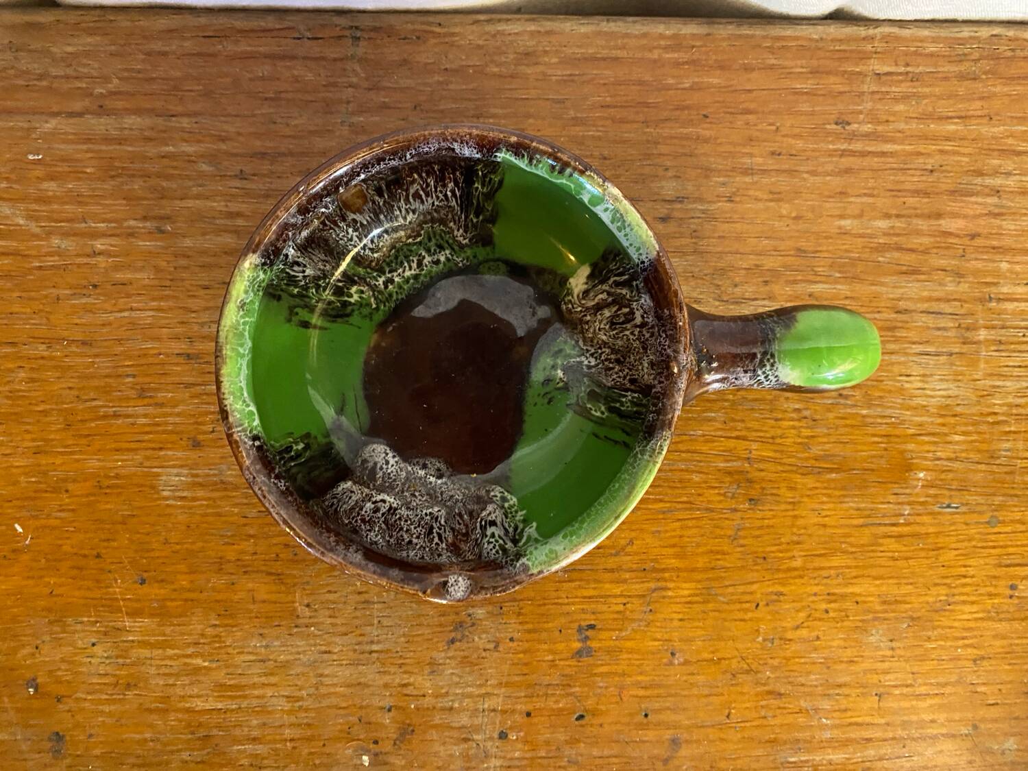 Poêlon vide poche ancien vallauris céramique verte marron caquelon vin
