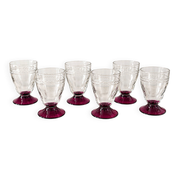 6 verres ciselés vintage – pied rubis – années 50