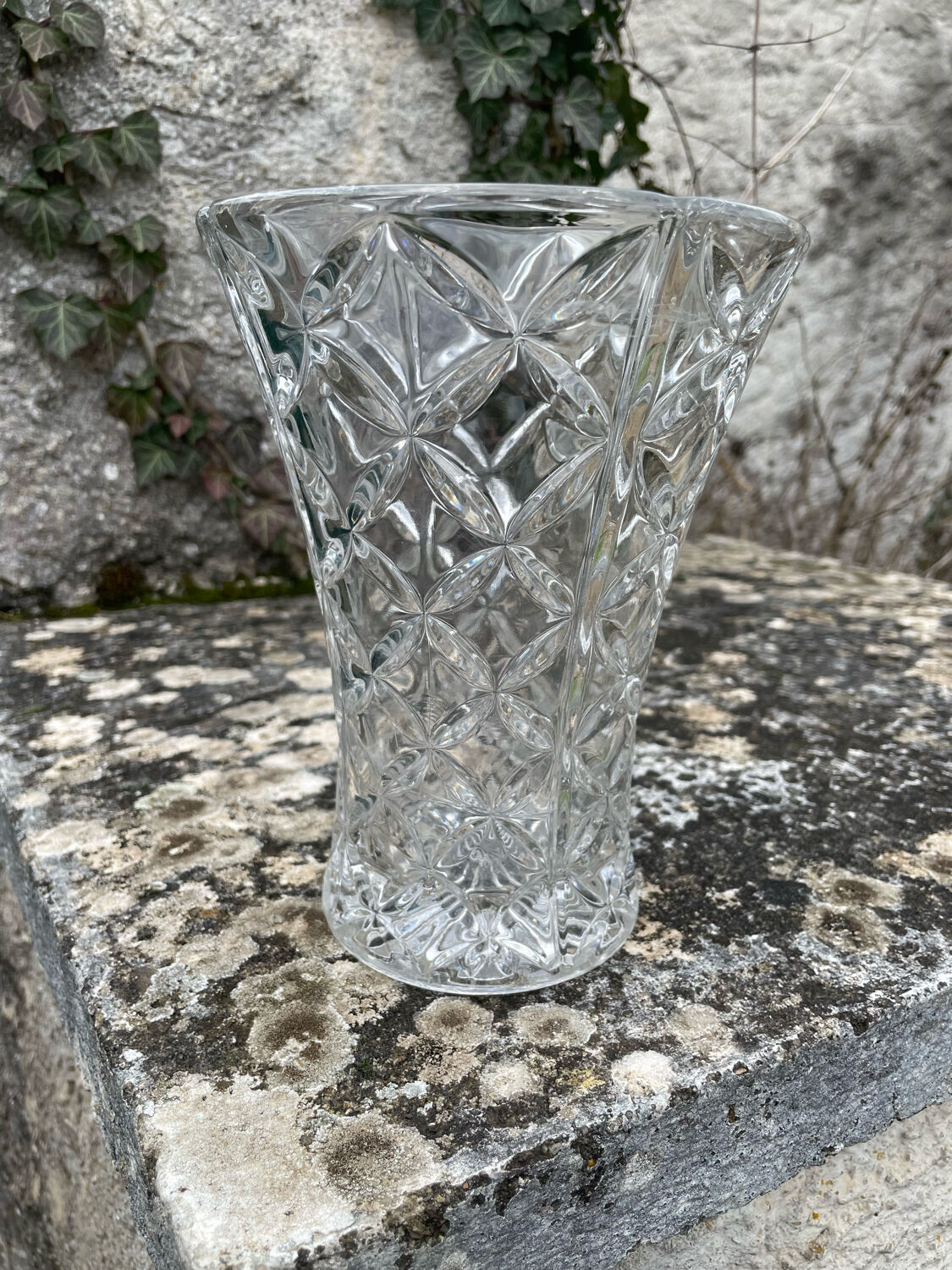Vintage chiseled glass vase transparent glass