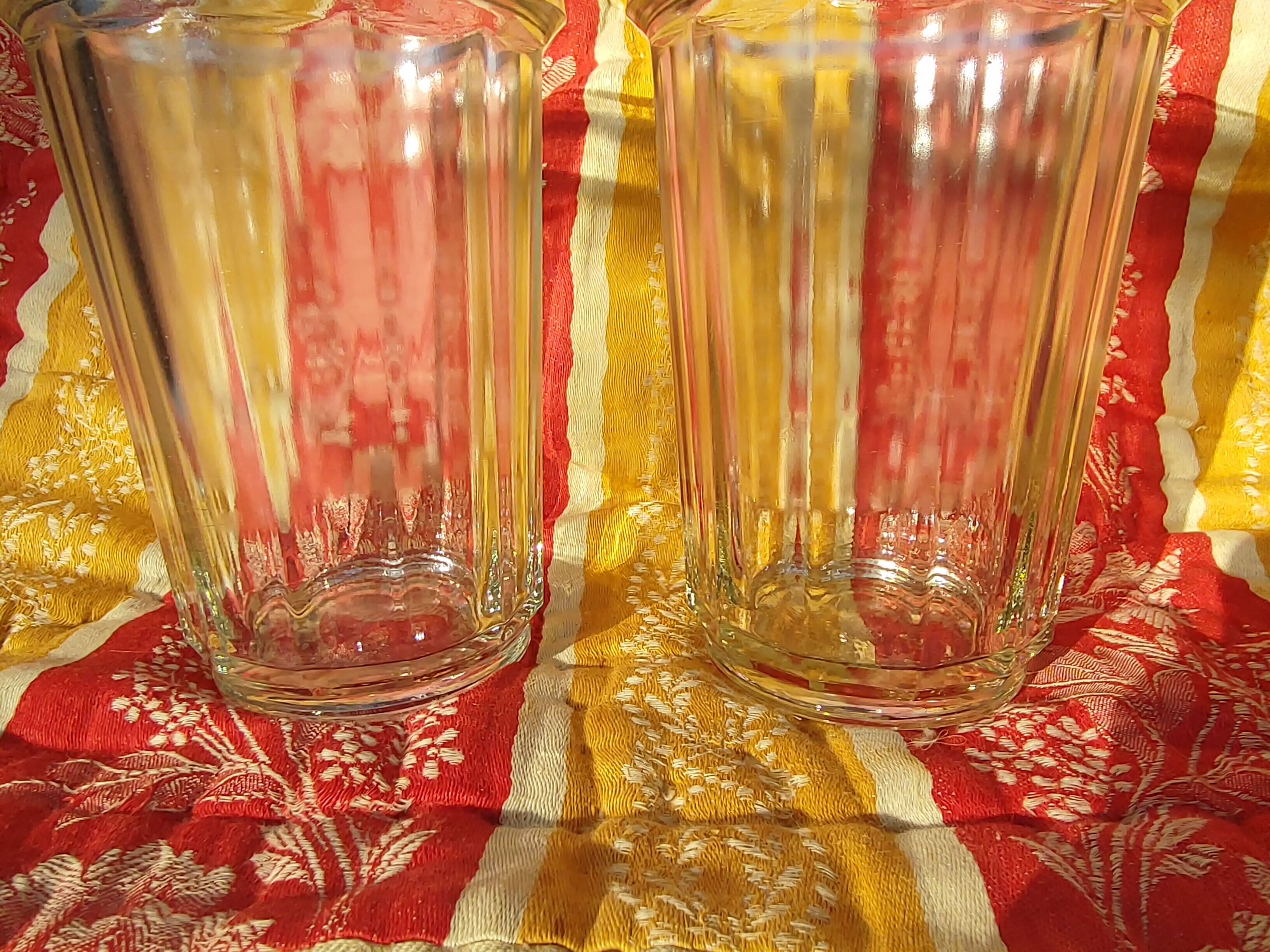 2 antique glass jam jars with ribs