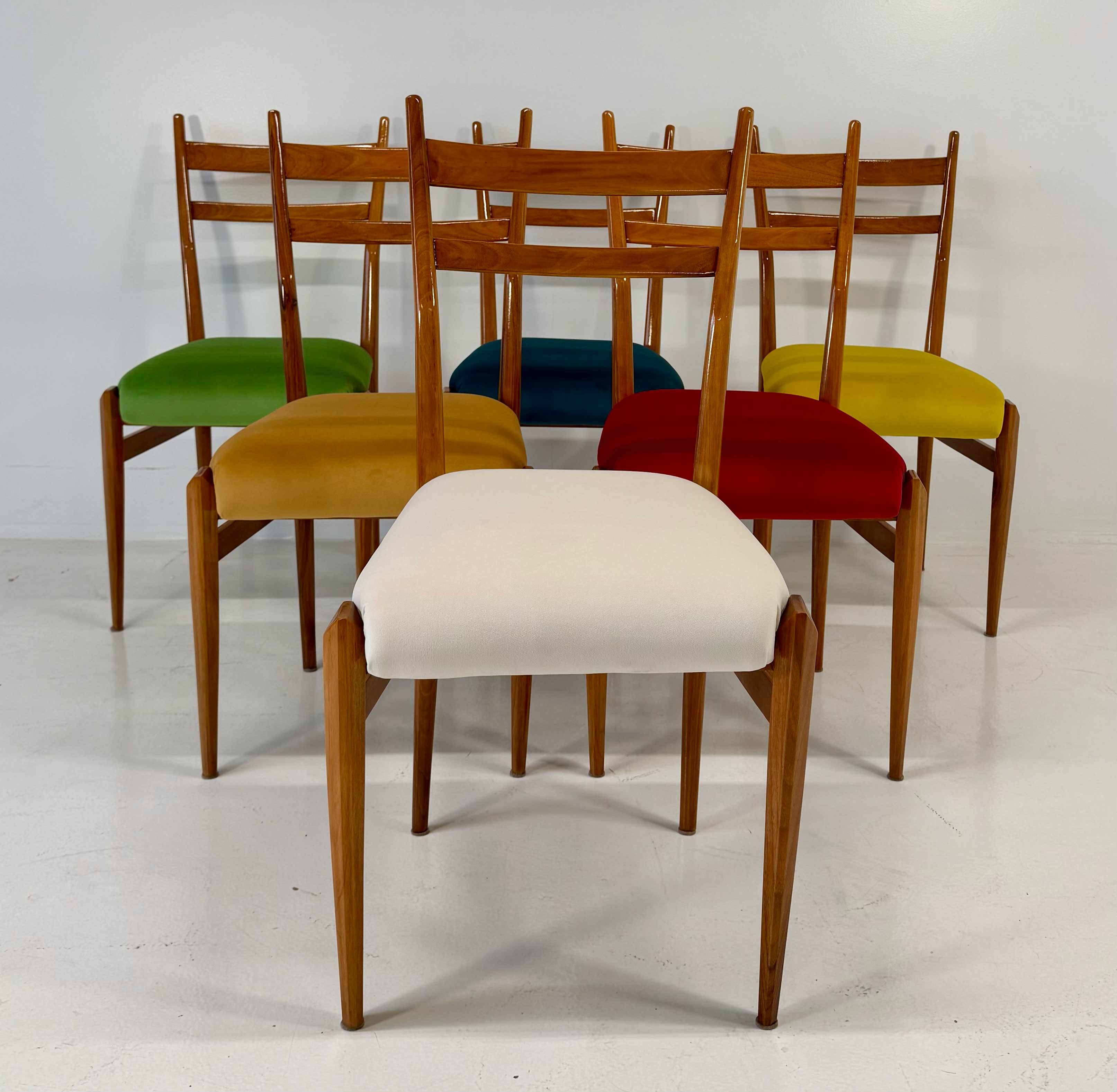 Set of Six Italian Art Deco Walnut Chairs with Colorful Velvet Seats, 1950s