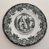 8 old, black and white dessert plates, Lunéville, Country Pranksters