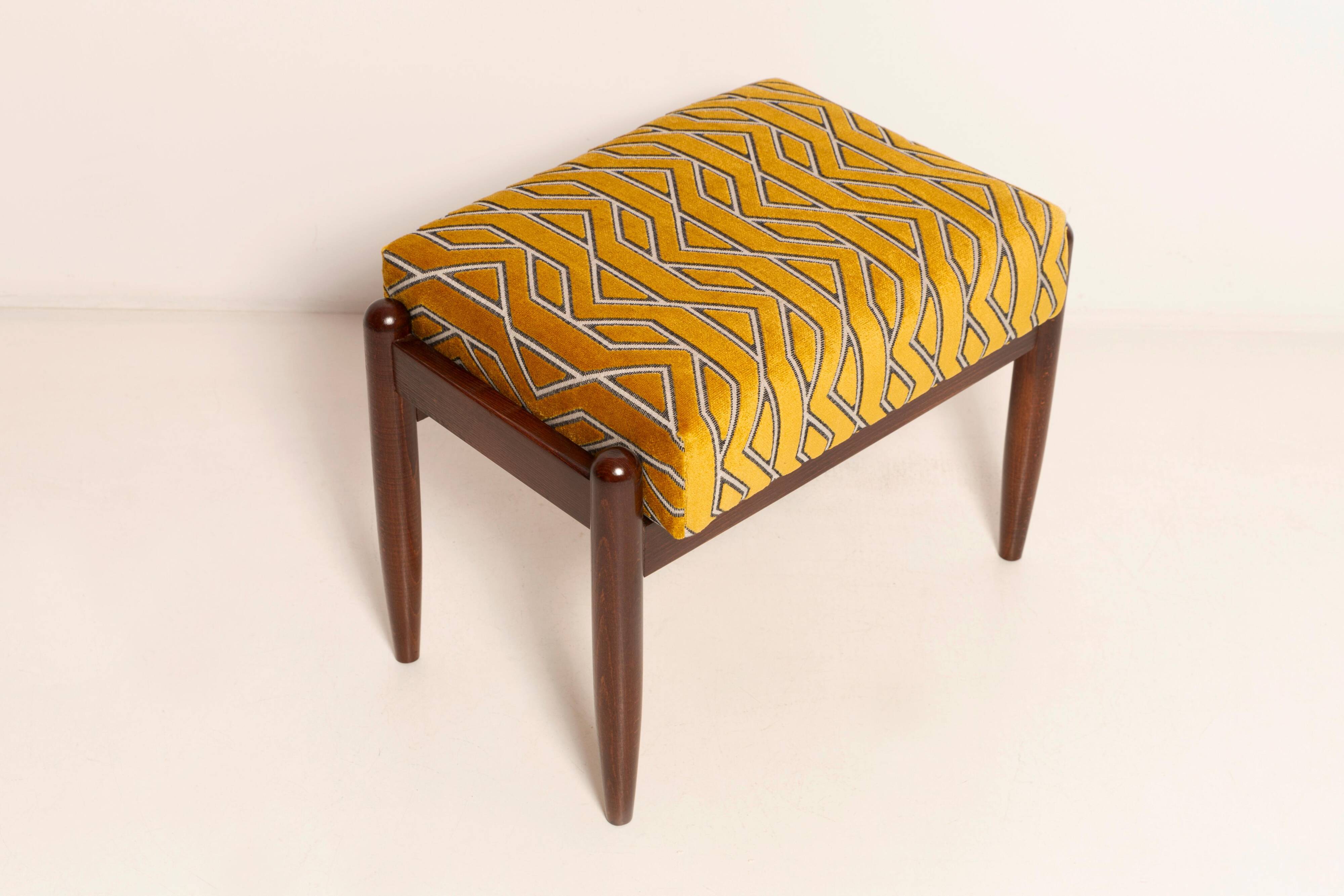 Mid Century GFM pair of stools in yellow jacquard by Casamance, E. Homa, 1960s