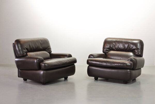 Fauteuils confortables Durlet en cuir marron chocolat, lot de deux, années 70