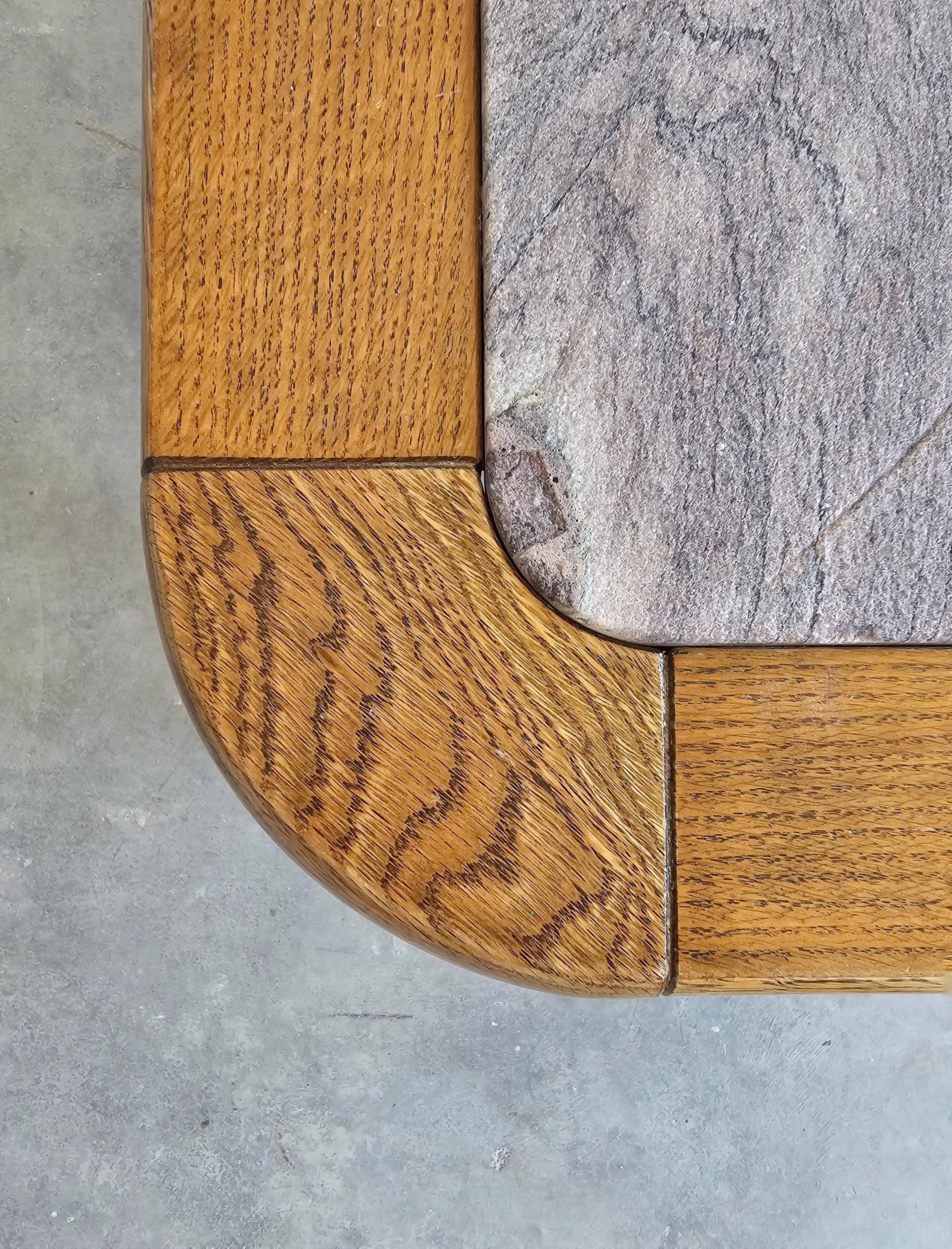 Brutalist coffee table in solid oak with a Rosso Luana marble top.