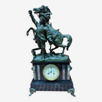 old black and pink marble clock + pendulum + key - hunting scene decor in patinated spelter