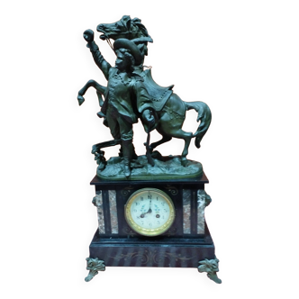 old black and pink marble clock + pendulum + key - hunting scene decor in patinated spelter