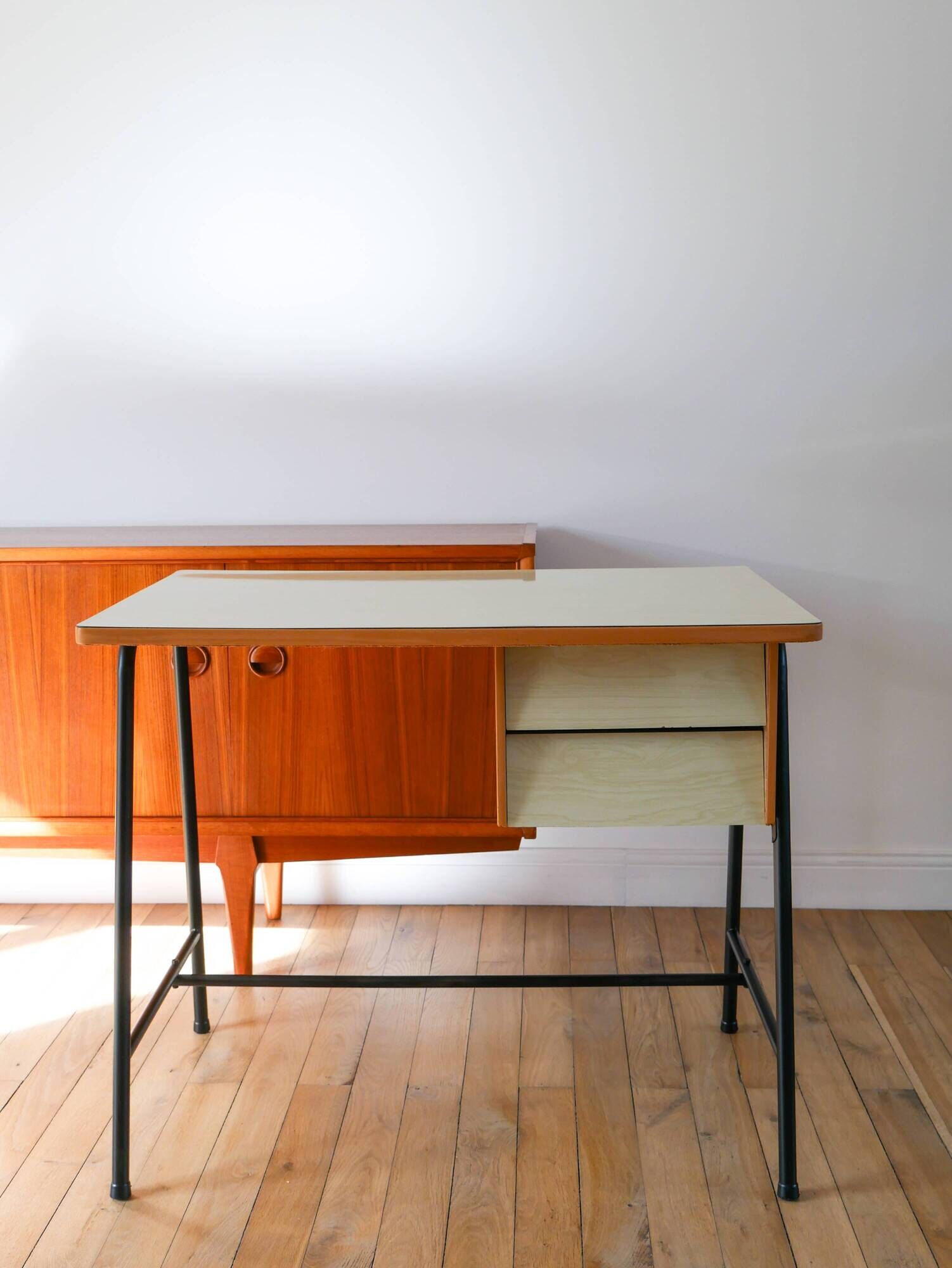 Formica, beech and black metal desk, Modernist Design, 1960