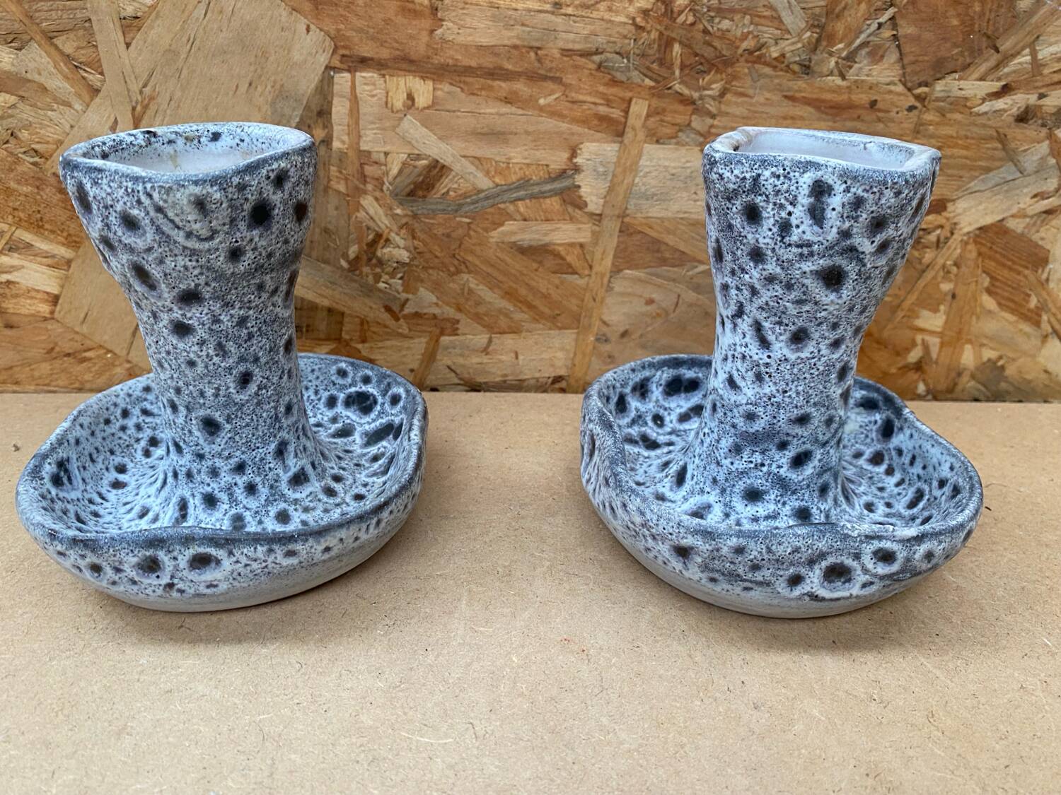 Pair of YURTSUA Candle Holders Vallauris Style Grey Ceramic Lava Vintage #B160