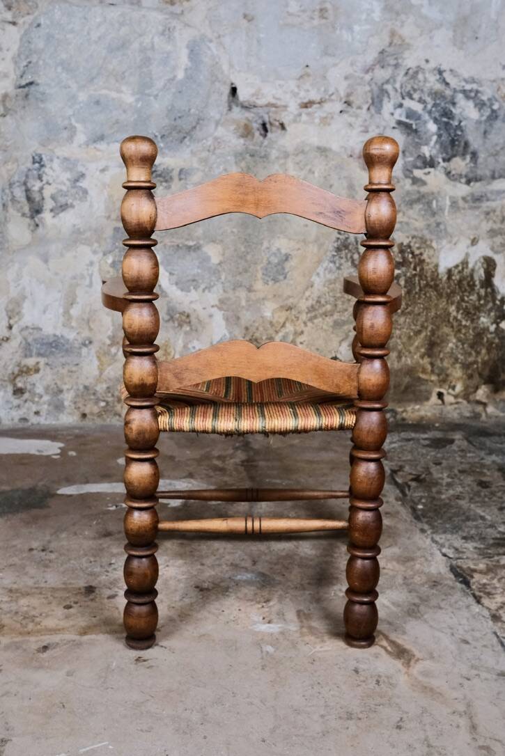 Pair of turned wooden spool armchairs, mid-20th century, France
