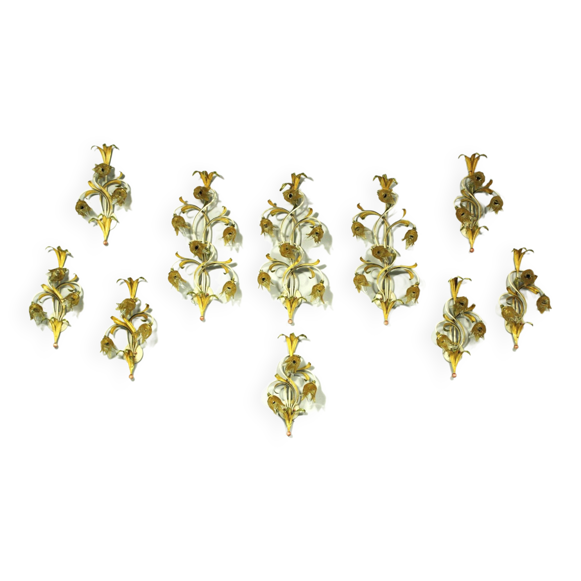 Set of 10 Wall Lights from colored hand crafted iron and Murano glass