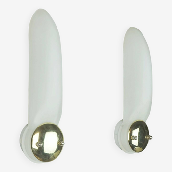 pair of long narrow honsel 1990s SCONCES white glass satin glass and brass