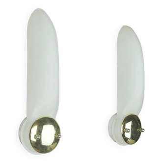 pair of long narrow honsel 1990s SCONCES white glass satin glass and brass