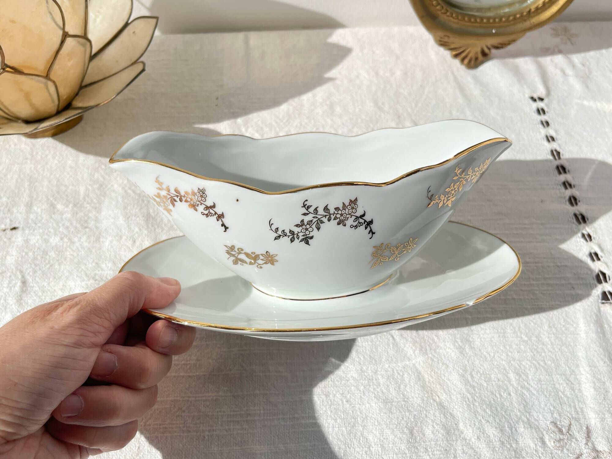 J&Ciem France 1950 white gilded porcelain sauce boat with floral pattern