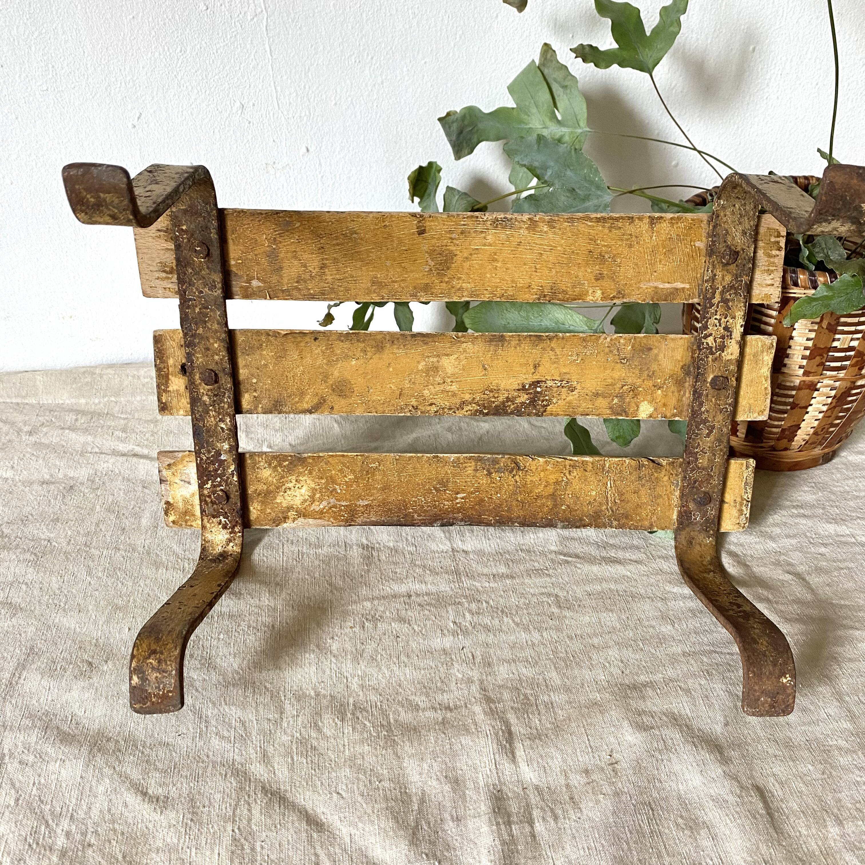 Low stool, wooden and metal plant holder