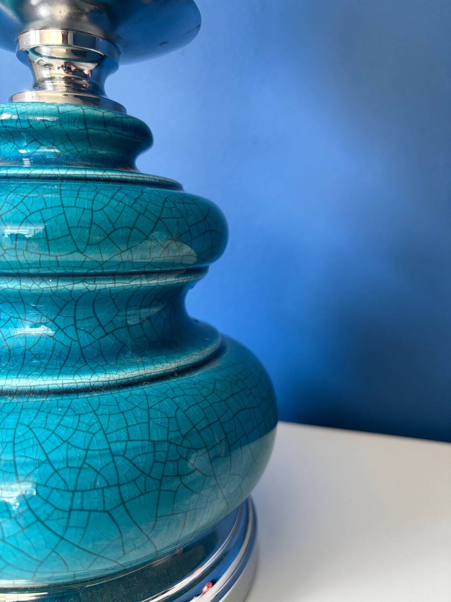 Lampe vintage en céramique craquelée émaillée bleu turquoise – base ch
