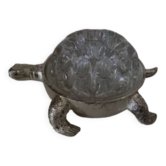 Old glass flower stand from Reims, silver metal base in the shape of a turtle, 19 holes.