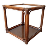 Table d'appoint vintage rotin et verre fumé années 70