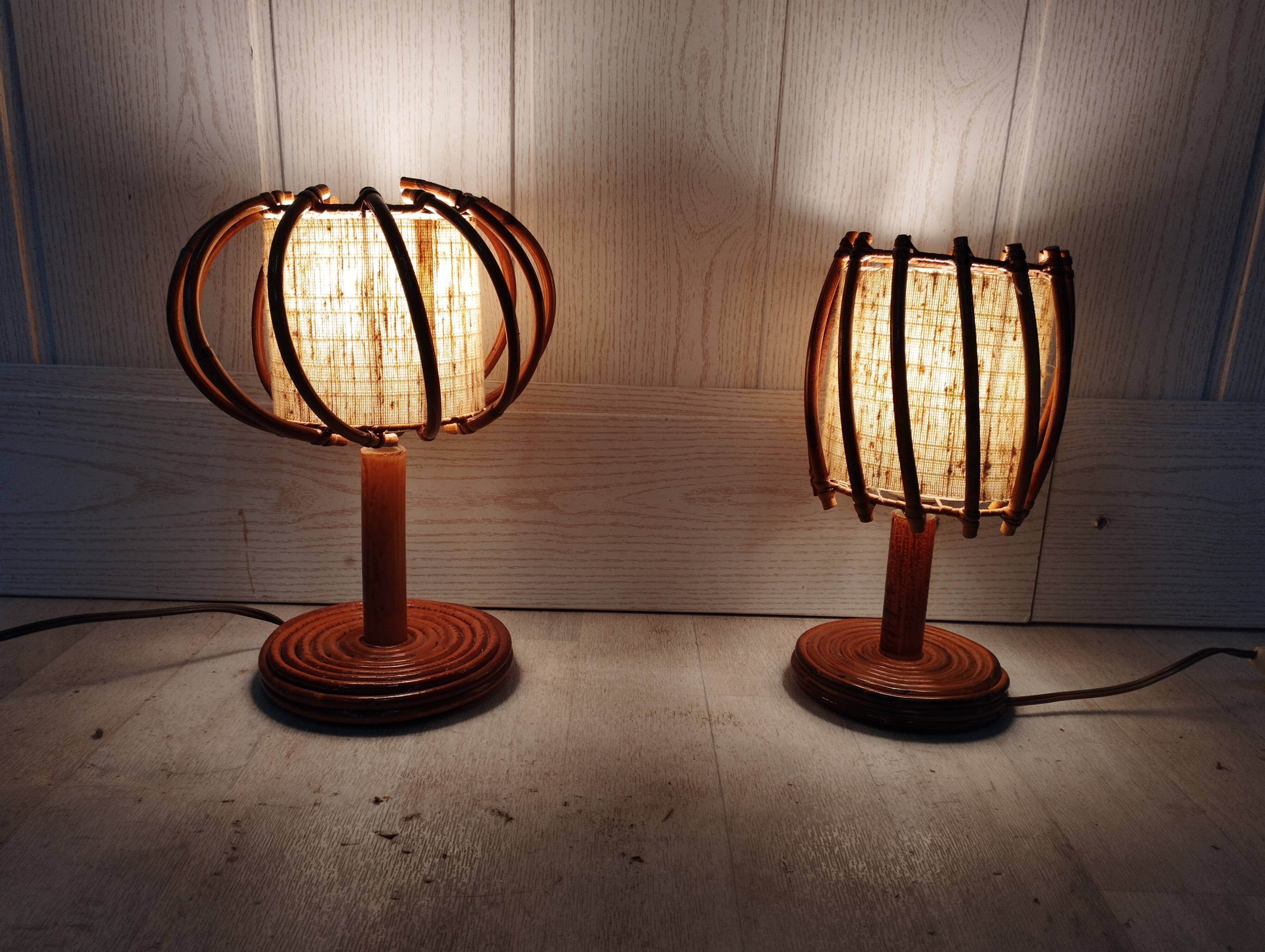 Pair of Louis Sognot rattan bedside lamps