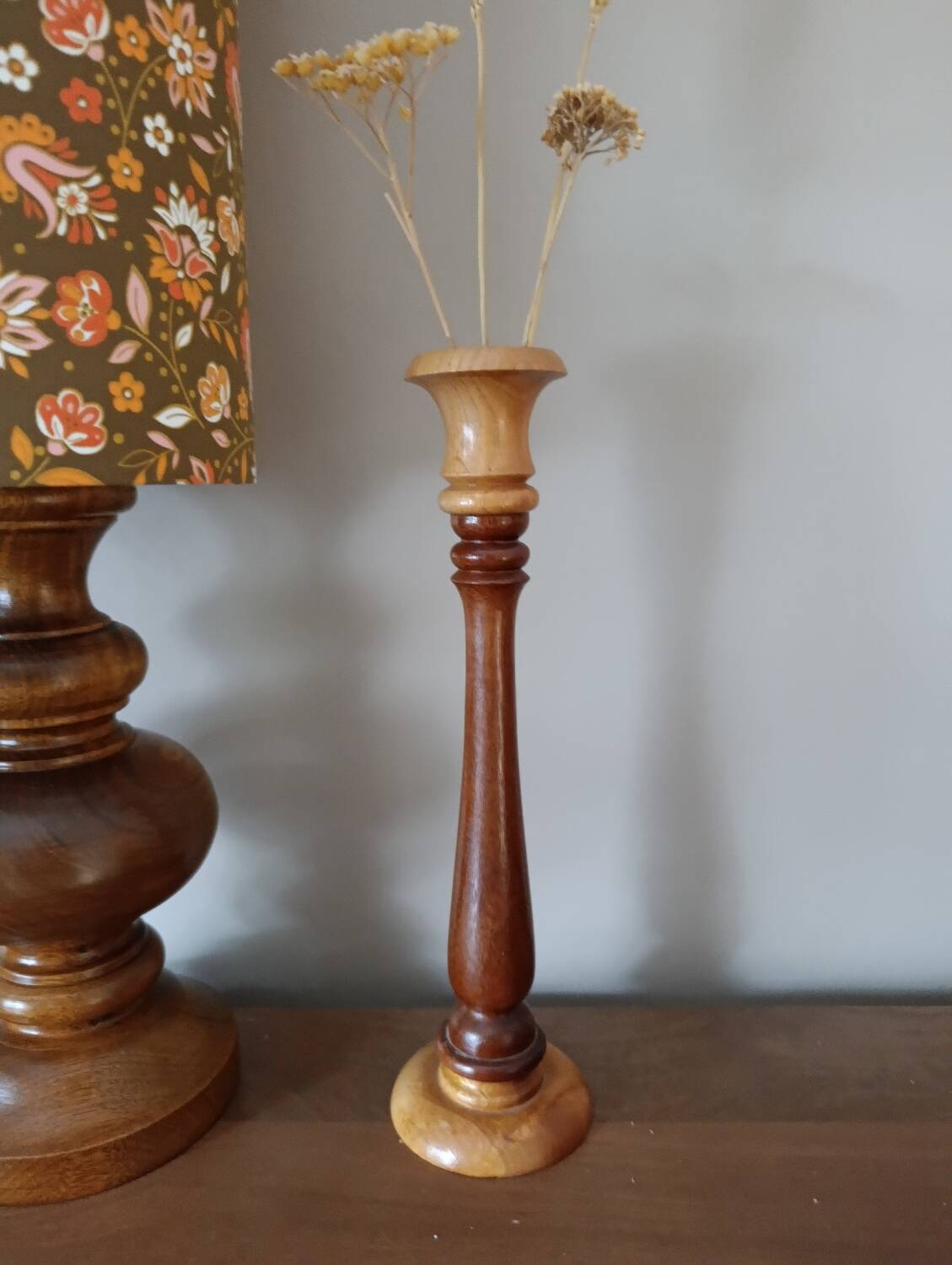 rustic wood lamp, vintage seventies lampshade with floral print