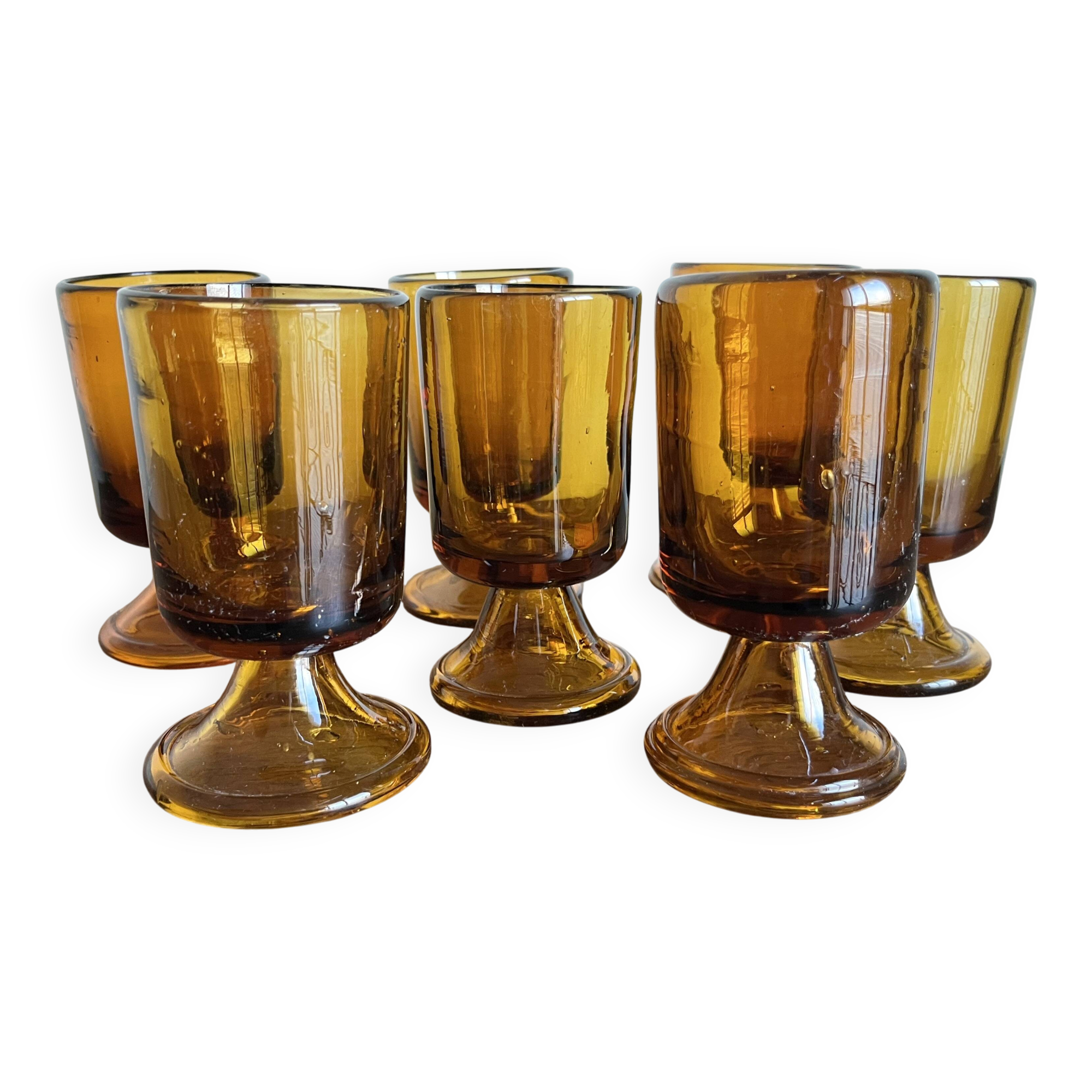 set of 7 tulip foot roller glasses Ibiza 1970 in large irregular glass