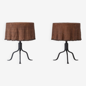 Rare set of 2 ‘Trompe L’Oeil’ wicker side tables with ‘draped’ illusion from France, 1970s