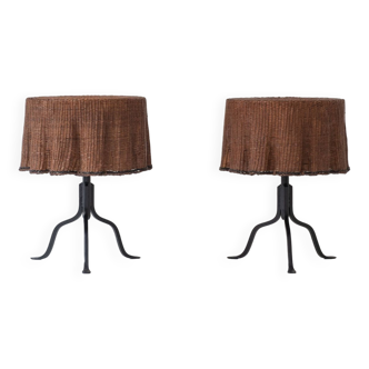 Rare set of 2 ‘Trompe L’Oeil’ wicker side tables with ‘draped’ illusion from France, 1970s