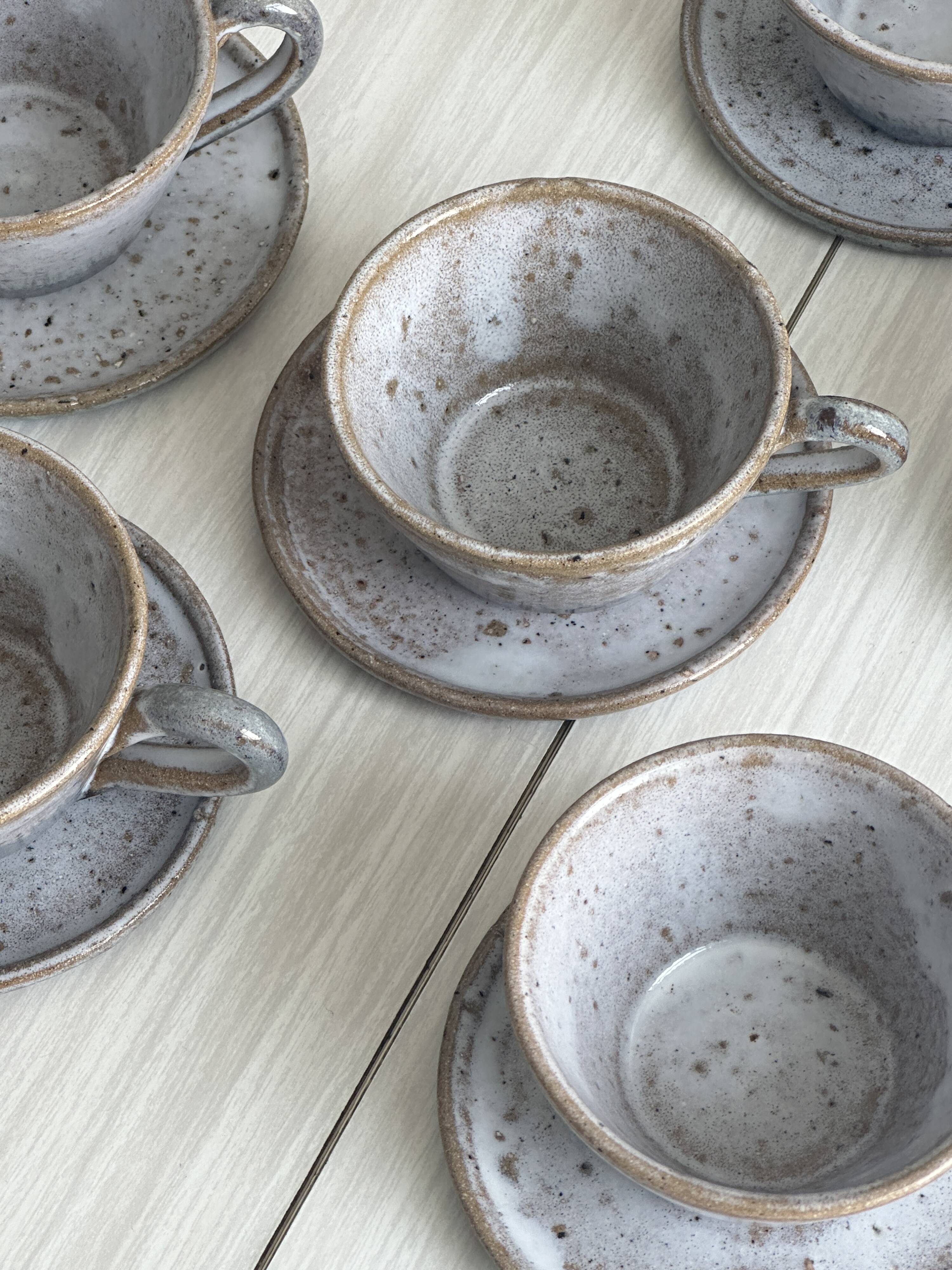 Handmade stoneware coffee set, 6 cups, saucers and sugar bowl, natural tones