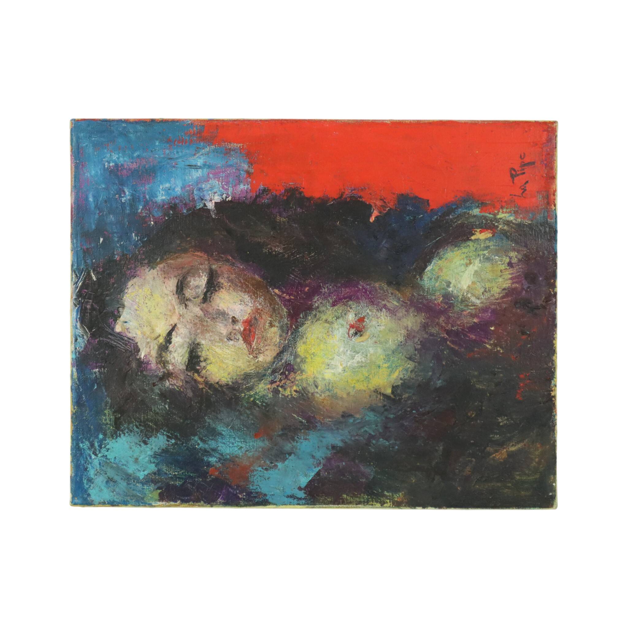 Vintage Abstract Painting on Canvas Nude Woman La Pipe