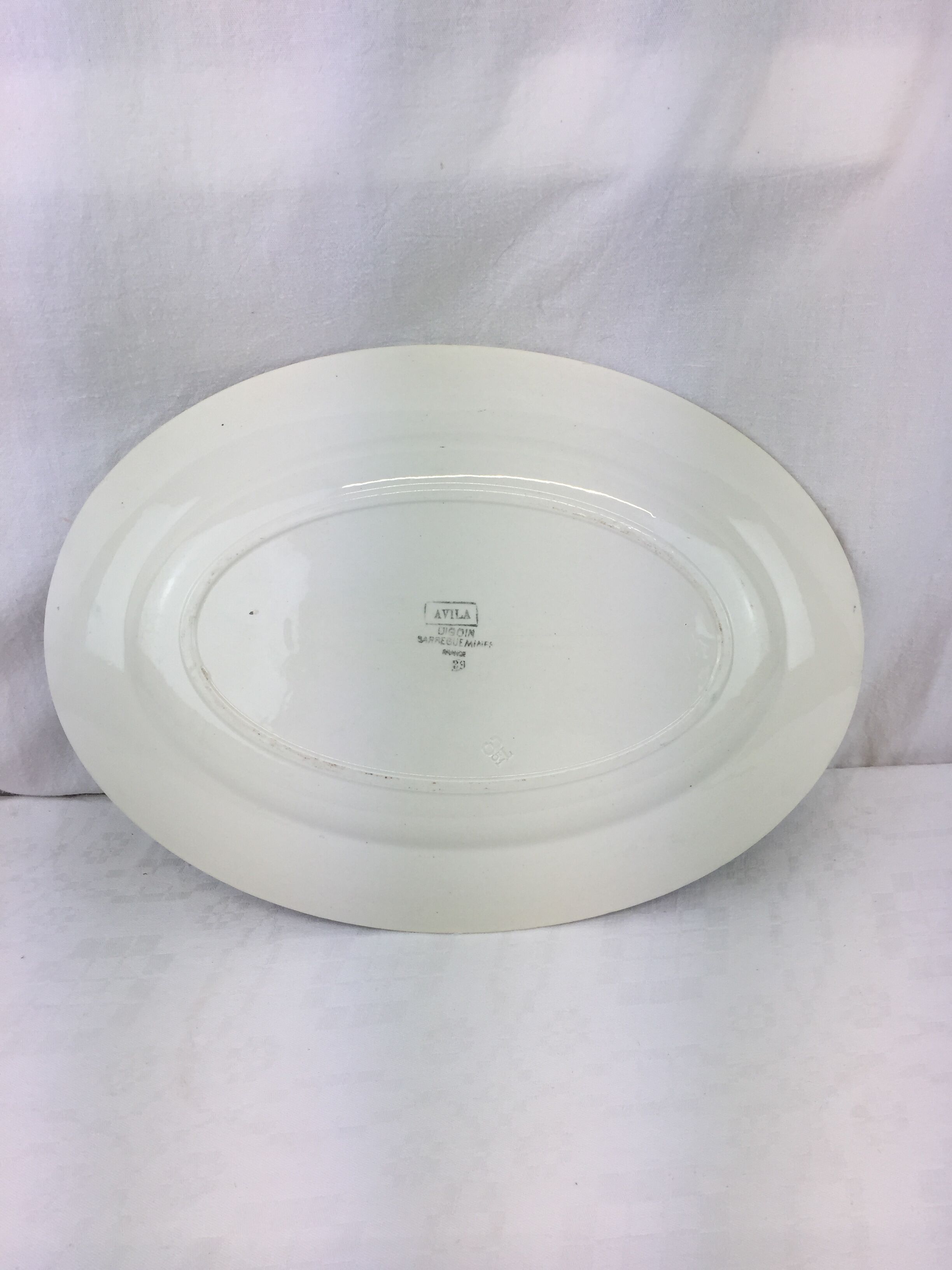 Antique oval dish made in France Digoin Sarreguemines, green flower decoration