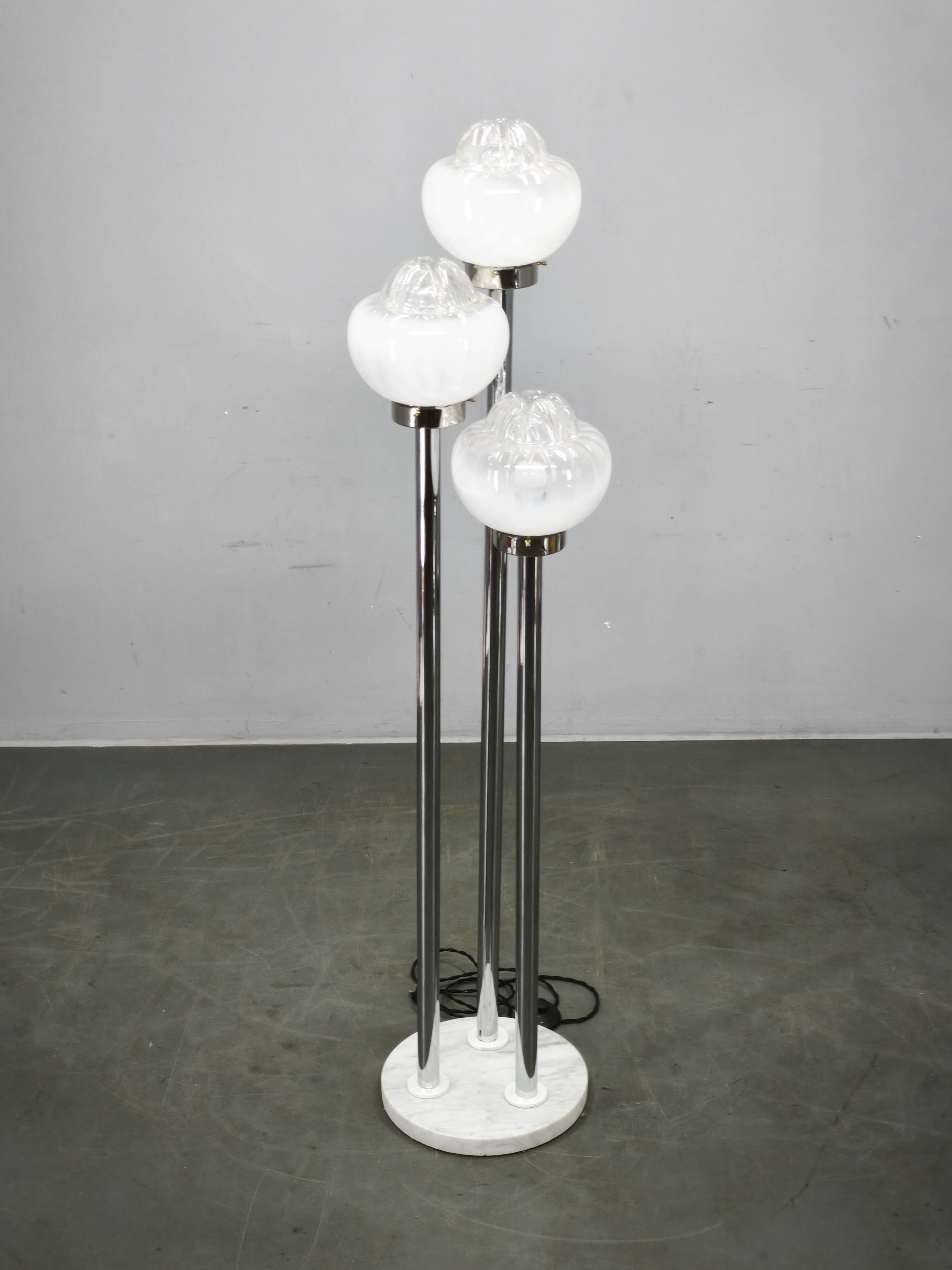 1970s Italian Murano Glass, Chrome and Marble Three-Light Floor Lamp