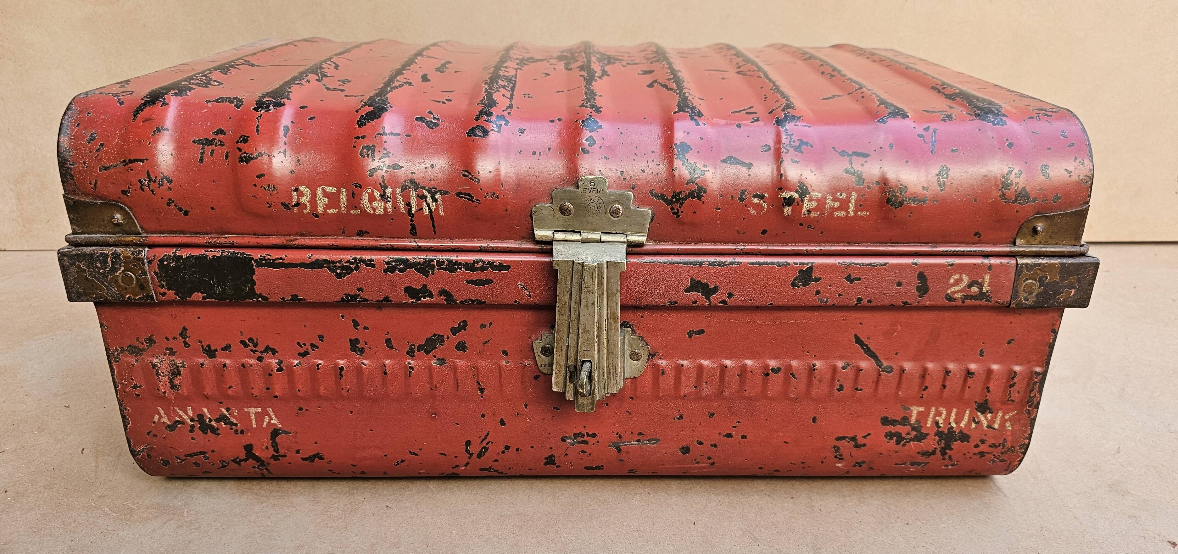 Old metal and brass travel trunk from the Indian Railway