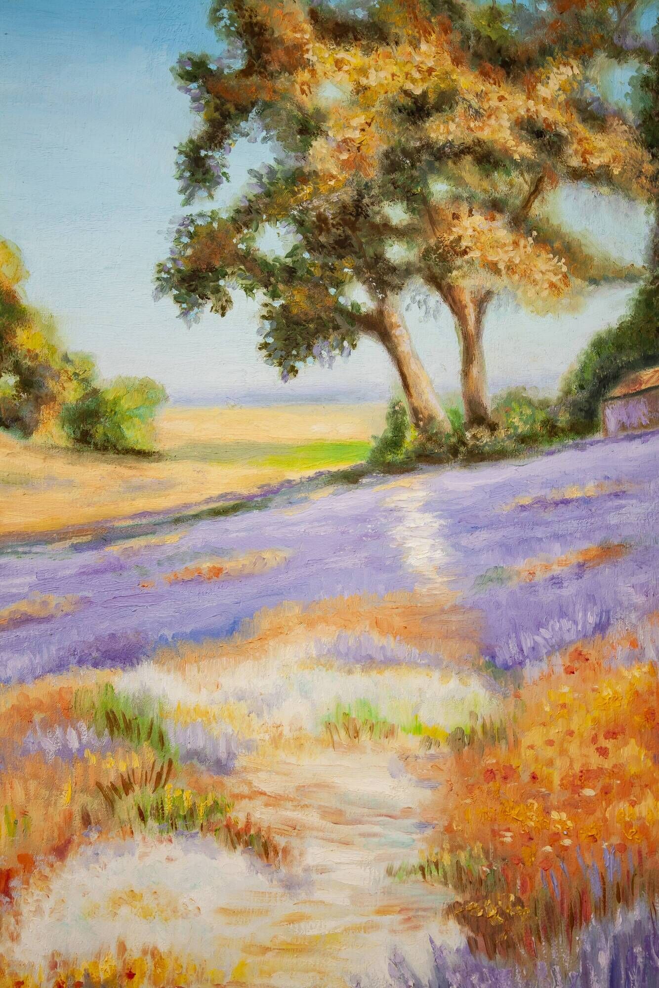 Oil painting on wooden panel, lavender landscape with lilacs and trees.