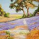 Oil painting on wooden panel, lavender landscape with lilacs and trees.
