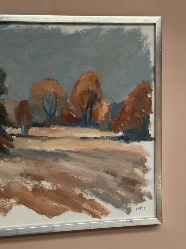 Original Swedish Oil on Canvas – “Red Autumn” by Knut Måsö (1926–2016) – Signed – Vintage & Framed – 57 × 44 cm (22.4" × 17.3")