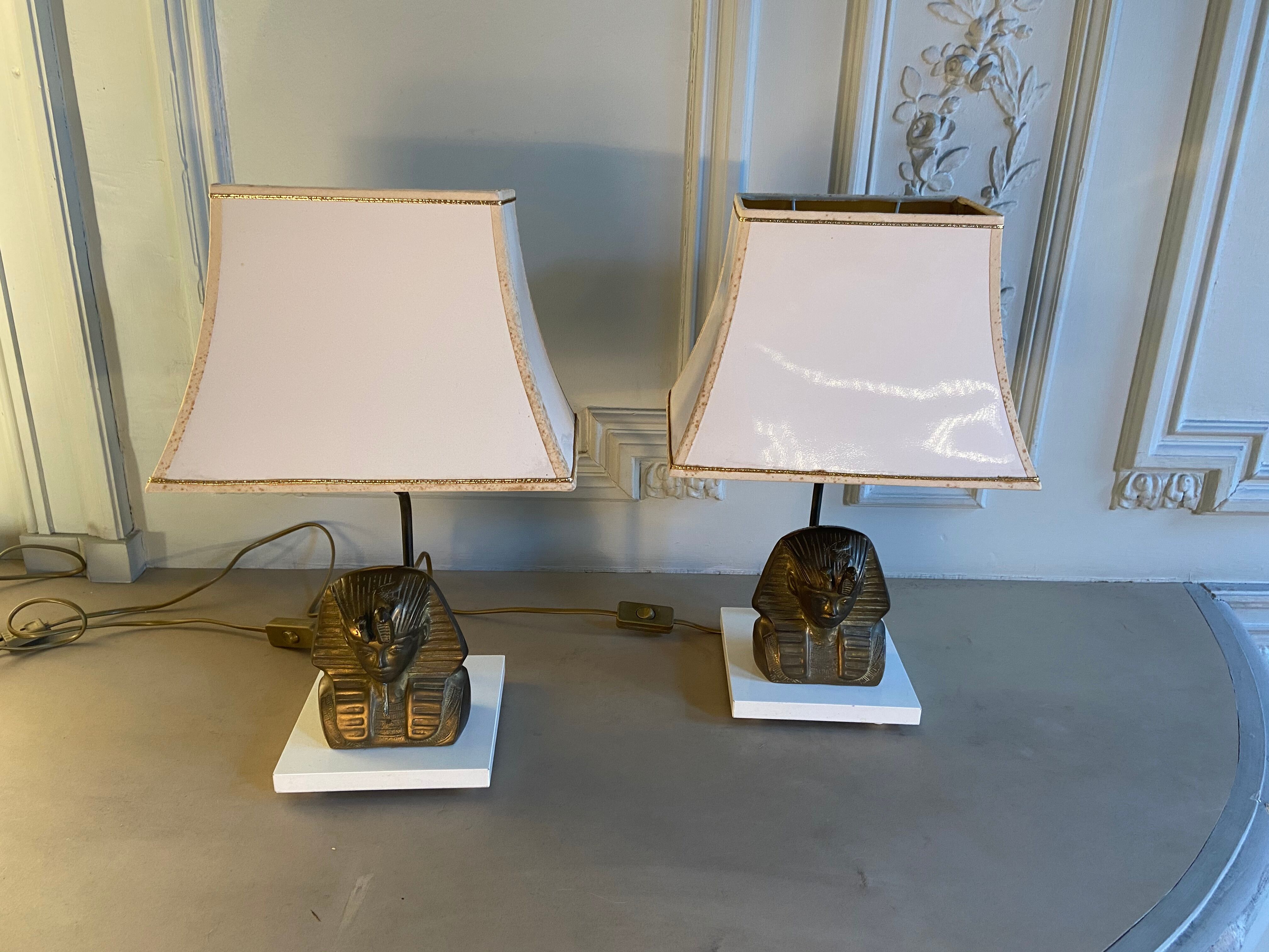 Pair of vintage gilded bronze lamps, pharaoh's face, 1970