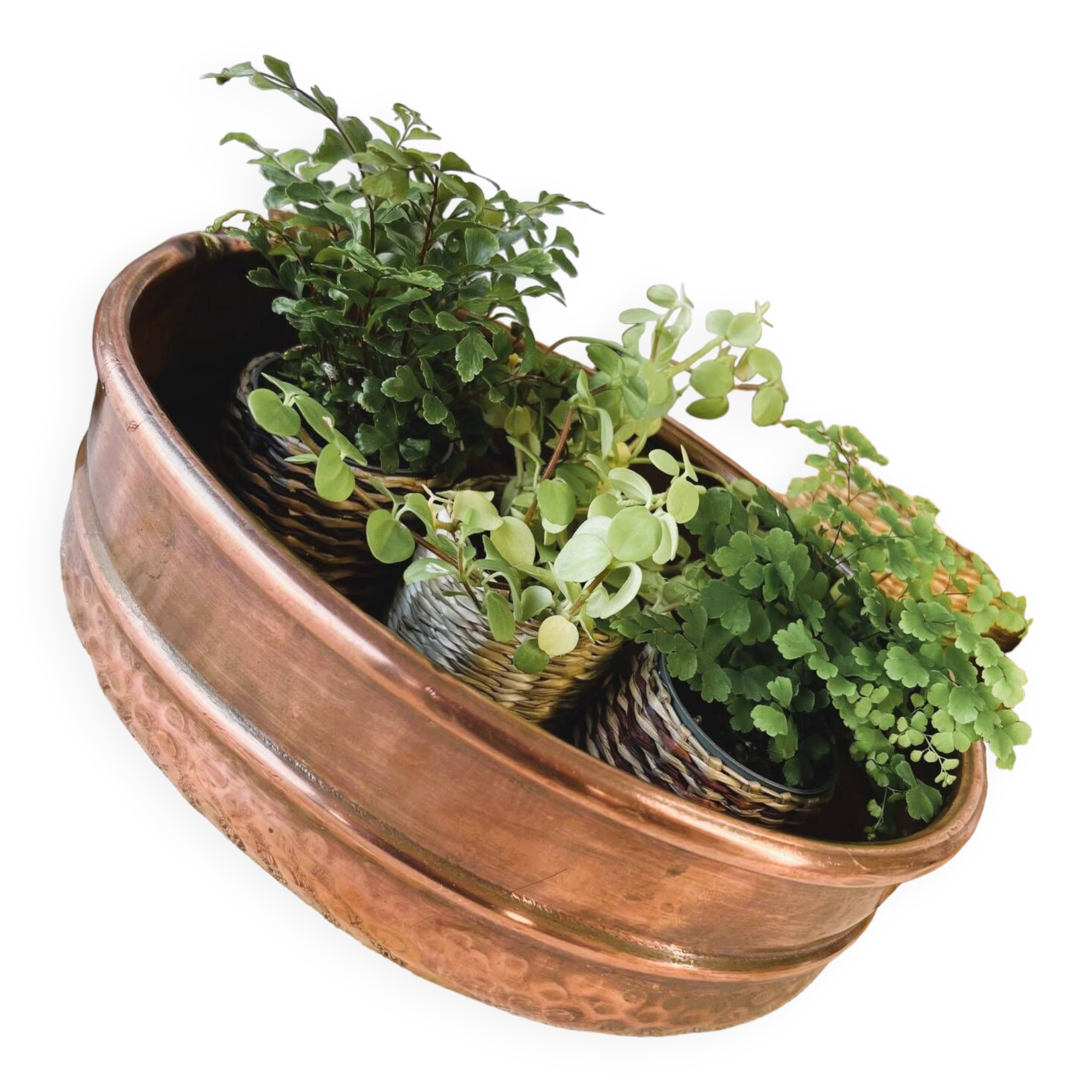 Oval hammered copper planter
